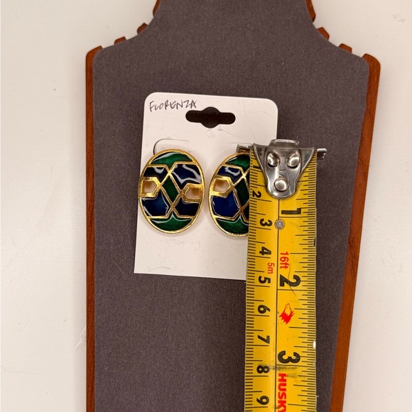 VTG Florenza Geometric Enamel Clip-On Earrings Oval Blue Green Gold 70s Jewelry - Picture 7 of 7